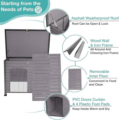 Indoor Outdoor Dog House,Anti-Chewing Iron Frame Dog Kennel,Wood Warm Pets Home,Weatherproof Outside Shelter