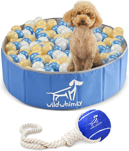 Wild Whimsy Dog Ball Pit - Combo Pack 32" Inch Small Foldable Ball Pit for Dogs with Rope Tug Ball Toy -Indoor Outdoor Playpen with Metal Reinforcement Ring - Storage Case Included