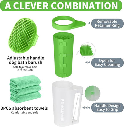 Buddy Muddy Green Pet Foot Cleaner with Handle, Adjustable Bath Brush & Absorbent Towels for Large Dogs