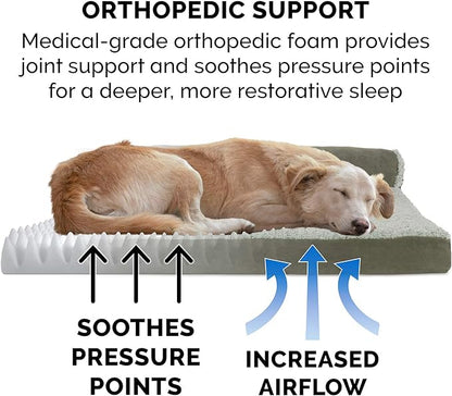 Furhaven Orthopedic Dog Bed for Large/Medium Dogs w/ Removable Bolsters & Washable Cover, For Dogs Up to 55 lbs - Two-Tone Plush Faux Fur & Suede L Shaped Chaise - Dark Sage, Large