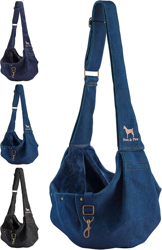 Noah & Paw Dog Sling Carrier for Small Dogs 5-18lb, Dog Sling for Small Dogs and Cats, Dog Carrier with Adjustable Padded Strap, Premium Denim, Lined with Fur, Double Safety Feature, Machine Washable