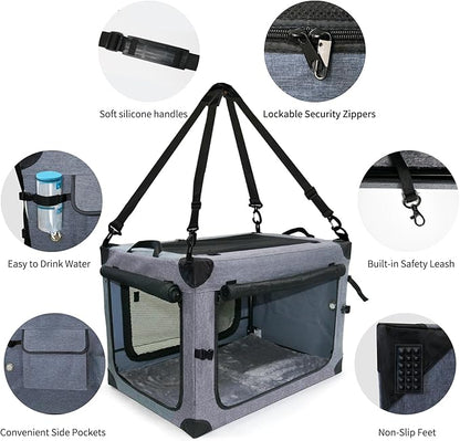 NEZUC Soft Collapsible Dog Crate - 24 Inch Portable Soft Sided Travel Dog Crates for Small Dogs, 4-Door Foldable Dog Carrier, Pet Kennel Indoor & Outdoor (Gray, 24.0" L x 17.0" W x 17.0" H)