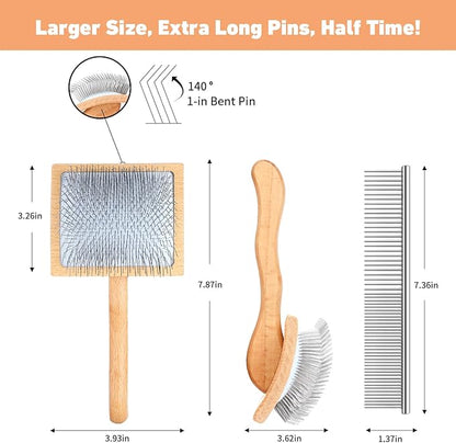 Dog Slicker Brush for Shedding and Grooming Medium or Long Haired Cats, Extra Long & Soft Pin Slicker Brush for Removes Loose Hair, Tangles, Knots, Undercoat, Free Pet Comb, Large, Clear
