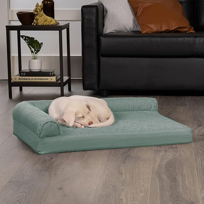 Furhaven Memory Foam Dog Bed for Medium/Small Dogs w/ Removable Bolsters & Washable Cover, For Dogs Up to 35 lbs - Pinsonic Quilted Paw L Shaped Chaise - Iceberg Green, Medium