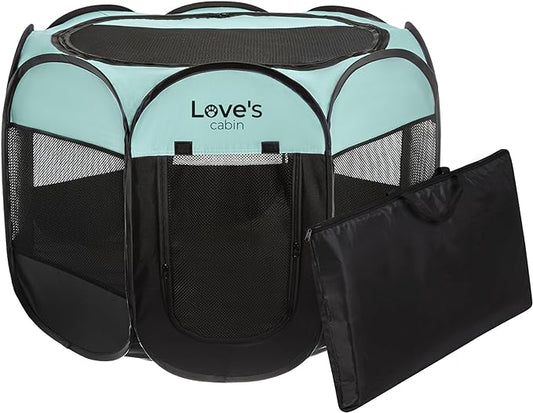 Love's Cabin Pet Puppy Playpen, Medium Dog Tent Crate, Portable Foldable Pop Up Dog Kennel with Carrying Case, Removable Zipper Top, Green