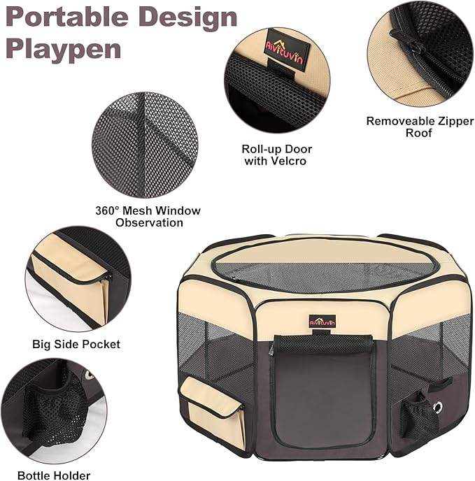 Aivituvin Portable Pet Playpen, Foldable Dog Tent Crate Cage for Puppies and Cats, Exercise Pop Up Dog Kennel with Carrying Case Indoor Outdoor, Waterproof and Zipper Top Cover Door, Brown