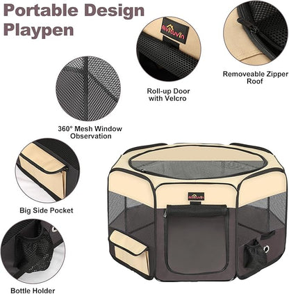 Aivituvin Portable Pet Playpen, Foldable Dog Tent Crate Cage for Puppies and Cats, Exercise Pop Up Dog Kennel with Carrying Case Indoor Outdoor, Waterproof and Zipper Top Cover Door, Brown