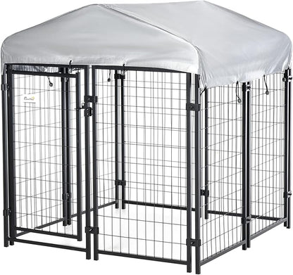 PawHut 4' x 4' x 4.5' Dog Kennel Outside, Dog Playpen Exercise Pen with Lockable Door, Water-Resistant Canopy, for Medium and Large Puppies