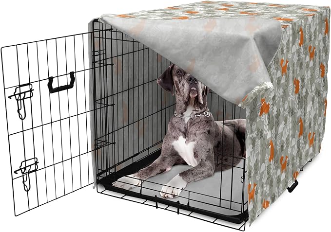 Lunarable Autumn Fall Dog Crate Cover, Fox Animal Sleeping in The Forest Plants Woodland Wildlife Theme, Easy to Use Pet Kennel Cover for Medium Large Dogs, 48 Inch, Orange Grey White