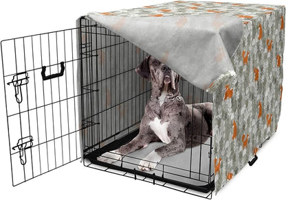 Lunarable Autumn Fall Dog Crate Cover, Fox Animal Sleeping in The Forest Plants Woodland Wildlife Theme, Easy to Use Pet Kennel Cover for Medium Large Dogs, 48 Inch, Orange Grey White