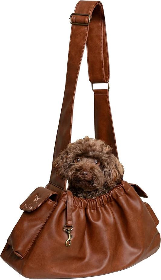 Noah & Paw Dog Sling Carrier for Small Dogs 5-18lb, Dog Sling for Small Dogs and Cats, Dog Carrier with Adjustable Padded Strap, Vegan Leather Lined with Fur, Double Safety Feature, Machine Washable