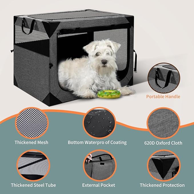 36X25X25 Inch Dog Crate, Large Dog Crate for Large or Medium Dogs, Portable and Foldable Design of Dog Cage, Perfect for Travel or Home Use, Dog Kennel with 3-Door and Durable Mesh Windows, Grey