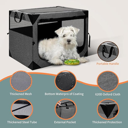 36X25X25 Inch Dog Crate, Large Dog Crate for Large or Medium Dogs, Portable and Foldable Design of Dog Cage, Perfect for Travel or Home Use, Dog Kennel with 3-Door and Durable Mesh Windows, Grey