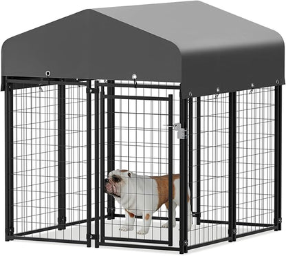 MoNiBloom Outdoor Dog Kennels for Small/Medium Dogs, Weatherproof Dog Pen Run with Cover and Rotating Feeding Door, 4.6ft High Expandable Dog Playpen for Outside Yard, 8 Panels with Powder Coating