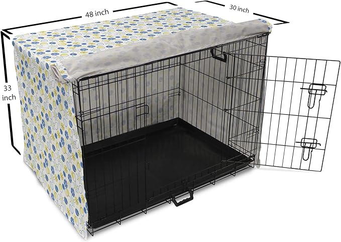 Lunarable Yellow and Blue Dog Crate Cover, Random Doodle Circles Abstract Floral Pattern, Easy to Use Pet Kennel Cover for Medium Large Dogs, 48 Inch, Pale Yellow Pale Blue