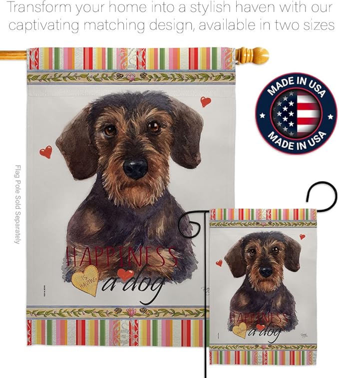 Breeze Decor Miniature Dachshund Happiness House Flag 2 pcs Pack Dog Puppy Spoiled Paw Canine Fur Pet Nature Farm Animal Creature Banner Small Garden Yard Gift Double-Sided, Made in USA