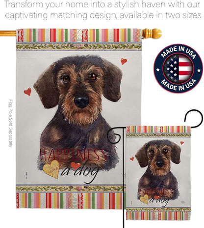 Breeze Decor Miniature Dachshund Happiness House Flag 2 pcs Pack Dog Puppy Spoiled Paw Canine Fur Pet Nature Farm Animal Creature Banner Small Garden Yard Gift Double-Sided, Made in USA