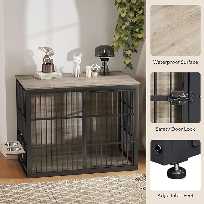 Rovibek 48 Inch Large Dog Crate with 2 Height Adjustable Dog Bowls 360° Rotatable, Extra Large Dog Kennel Indoor as End Table, Dog Cage Furniture for Large Dogs, Heavy Duty, Grey