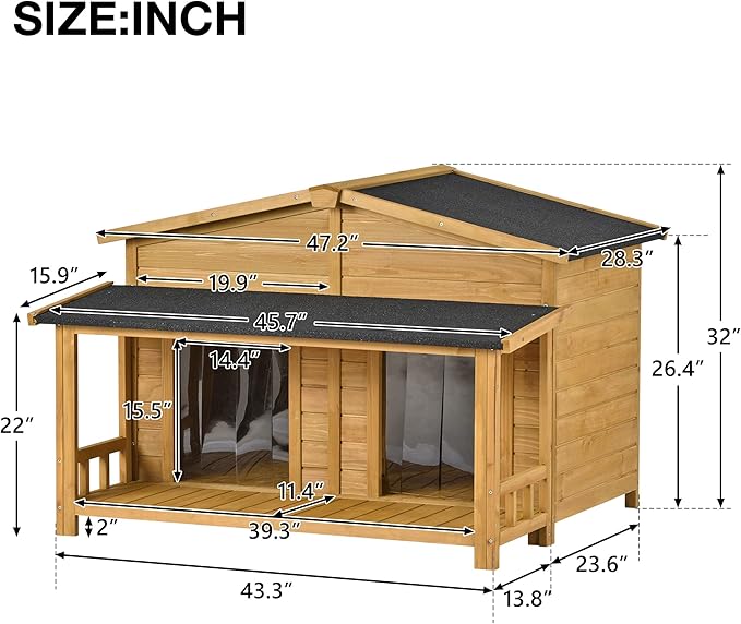 47" Outdoor Wooden Dog House with Porch, Asphalt Roof, 2" Height Raised Feet and Two Plastic Door Curtains, Brown