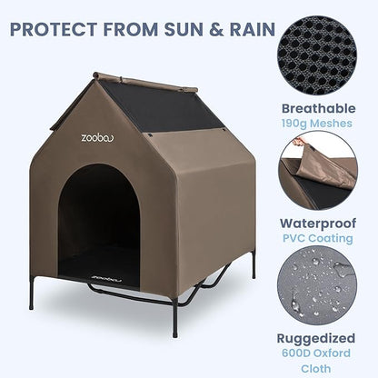 X-Large 48" Dog House - Weatherproof PVC, Textilene Cooling Bed - Easy to Clean (Brown)