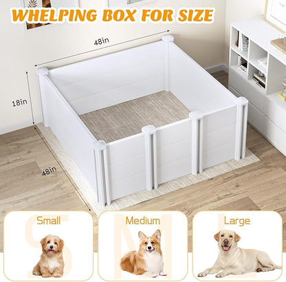 Whelping Box for Dogs, PVC Waterproof & Rustproof Puppy Playpen with Adjustable Height Door, Puppy Whelping Supplies & Raised Garden Bed, Easy Assembly, Indoor/Outdoor Use, 48x48x18in