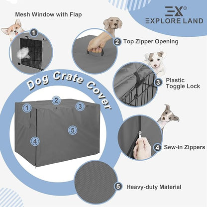 Explore Land 36 inches Dog Crate Cover Heavy Duty Polyester Pet Kennel Sunshade Universal Fit for Wire Cage (Grey)