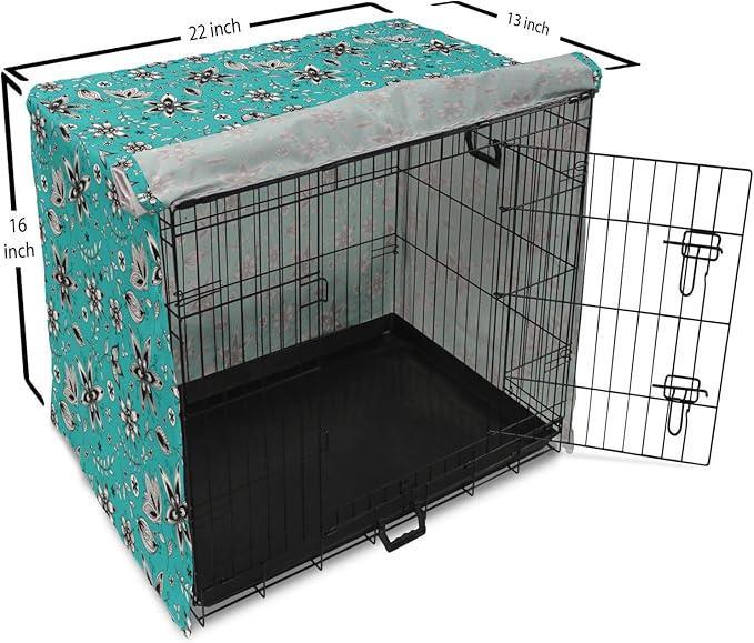 Lunarable Flower Dog Crate Cover, Abstract Monochrome Floral with Botanical Items, Easy to Use Pet Kennel Cover for Small Dogs Puppies Kittens, 22 Inch, Seafoam Grey