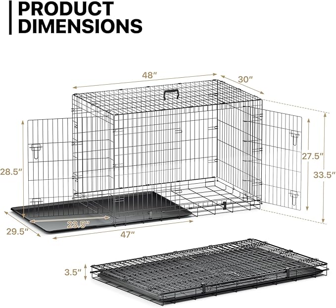 MoNiBloom 24/30/36/42/48 Dog Crates, Foldable Metal Wire Dog Cage with Double-Door, Outdoor Indoor Pet Kennels, Includes Leak-Proof Pan, Divider Panel, Black, 48"