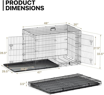 MoNiBloom 24/30/36/42/48 Dog Crates, Foldable Metal Wire Dog Cage with Double-Door, Outdoor Indoor Pet Kennels, Includes Leak-Proof Pan, Divider Panel, Black, 48"