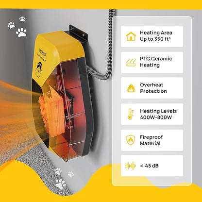 TURBRO Neighborhood DH800A Dog House Heater 800W, Wall Mount, 10ft Anti Bite Cord, Waterproof Control, Overheat Protection, Electric Warmer for Hound Kennel Cat Cage Chicken Coop, UL Test Passed