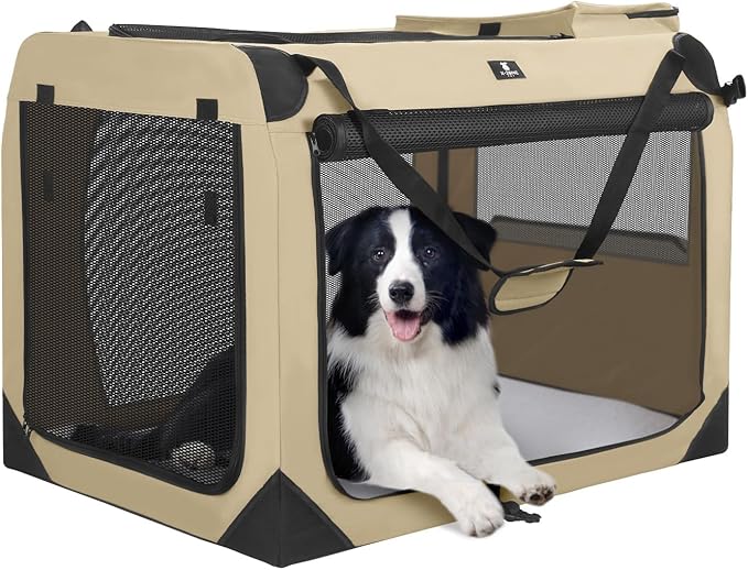 X-ZONE PET Dog Crate 3-Door Kennel, Collapsible Portable Soft Sided Pet Carriers for Indoor & Outdoor, Multiple (28-Inch, Rice White)