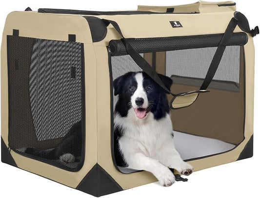 X-ZONE PET Dog Crate 3-Door Kennel, Collapsible Portable Soft Sided Pet Carriers for Indoor & Outdoor, Multiple (28-Inch, Rice White)