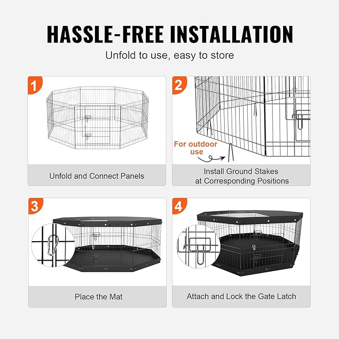 VEVOR Foldable Metal Dog Exercise Pen, Pet Playpen Dog Fence for Camping with Top Cover and Bottom Pad, 24" H 8 Panels, Puppy Crate Kennel Indoor Outdoor for Medium Dogs, Both for Home&Yard