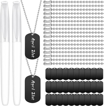 Therwen 62 Pieces Military Dog Tags for Kids Set Including 30 Aluminum Blank Dog Tag 30 Ball Stainless Steel Beaded Necklaces and 2 Erasable Markers for DIY Crafts(Black)