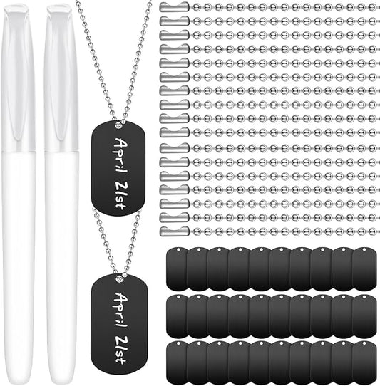 Therwen 62 Pieces Military Dog Tags for Kids Set Including 30 Aluminum Blank Dog Tag 30 Ball Stainless Steel Beaded Necklaces and 2 Erasable Markers for DIY Crafts(Black)