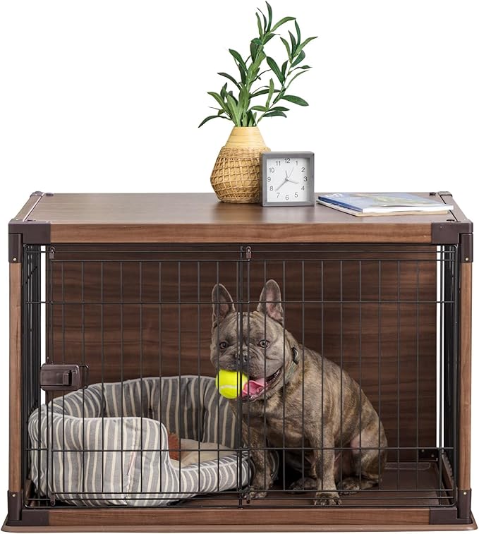 IRIS USA Modern Wooden Dog Crate – Stylish Furniture-Style Indoor Kennel & End Table for Small to Medium Dogs, Secure Enclosed Pet Cage with Sliding Door, Dark Brown