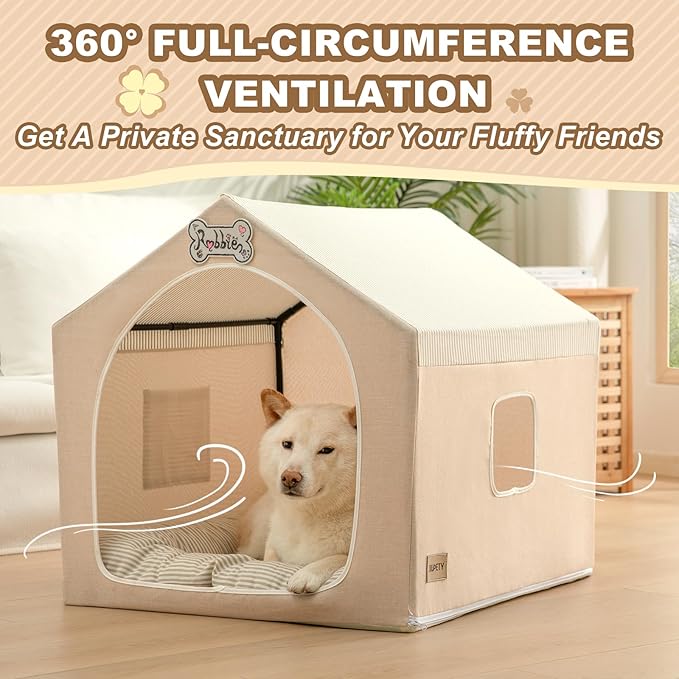Jiupety Indoor Dog House with Frame, Cute Dog Tent Bed with Cover Cave, Breathable, Washable, and Foldable House, Suitable for 20-40 Lb, Large (25"×25"×25"), Beige