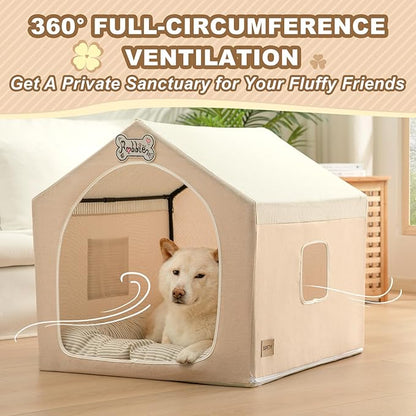 Jiupety Indoor Dog House with Frame, Cute Dog Tent Bed with Cover Cave, Breathable, Washable, and Foldable House, Suitable for 20-40 Lb, Large (25"×25"×25"), Beige