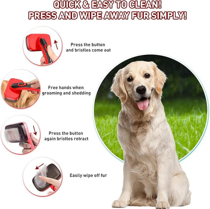 Self Cleaning Slicker Brush for Shedding Long Short Haired Dogs & Cats, Remove Loose Tangling Knot Undercoat Fur Mats, Grooming Brush with Retractable Bristles for Small Medium Large Pet, Red