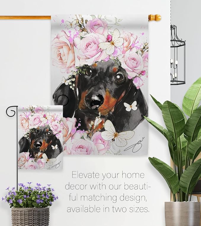 Breeze Decor Dachshund Floral House Flag Set Dog Puppy Spoiled Paw Canine Fur Pet Nature Farm Animal Creature Decoration Banner Small Garden Yard Gift Double-Sided, Made in USA