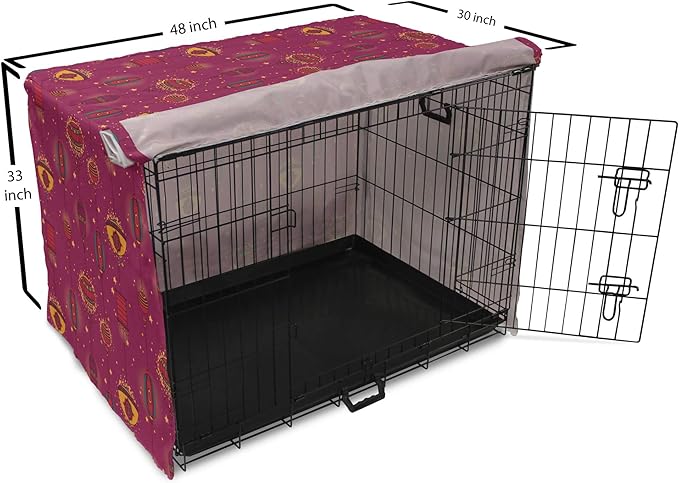 Lunarable Folkloric Dog Crate Cover, Cultural Inspirations Oriental Party Celebration Art Traditional Design, Easy to Use Pet Kennel Cover for Medium Large Dogs, 48 Inch, Magenta and Yellow