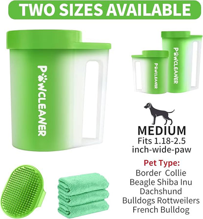Paw Cleaner with Handle, Absorbent Towels & Adjustable Bath Brush for Medium Dogs (Buddy Muddy Pet Foot Washer, Green)