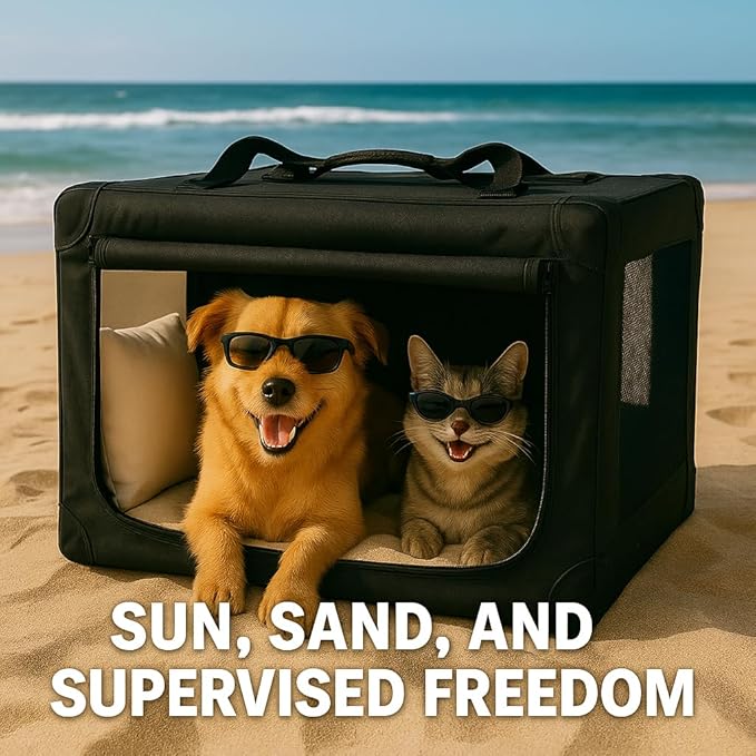 3-Door Collapsible Dog Crates for Medium Dogs, Cats, Rabbit, Foldable Soft Kennel Indoor & Outdoor with Steel Tube Frames, Portable Pet Playpen Career with Reinforced Mesh, 27x20x20 inches, Black