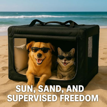 3-Door Collapsible Dog Crates for Medium Dogs, Cats, Rabbit, Foldable Soft Kennel Indoor & Outdoor with Steel Tube Frames, Portable Pet Playpen Career with Reinforced Mesh, 27x20x20 inches, Black