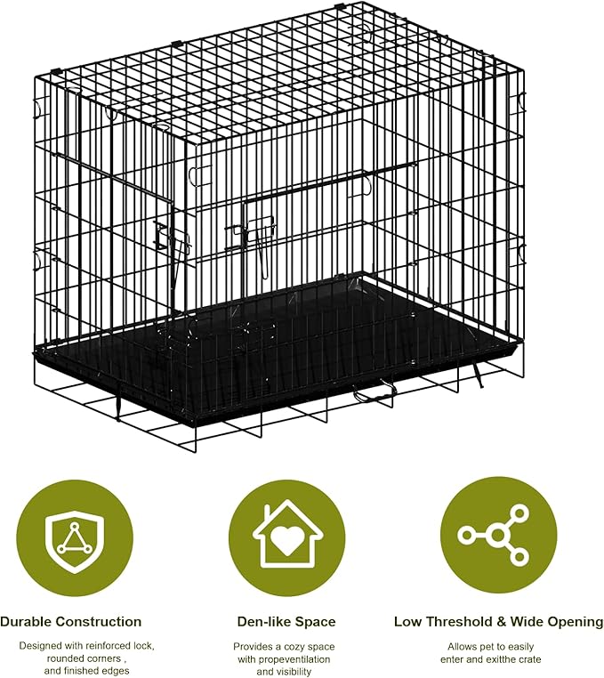 New Enhanced Double Door Dog Crate, Portable Wire Dog Crate with Tray and Divider, Pet Crate for Small Dogs, Indoor and Outdoor Pet Pen, 42" L x 28" W x 30" H Collapsible Kennel