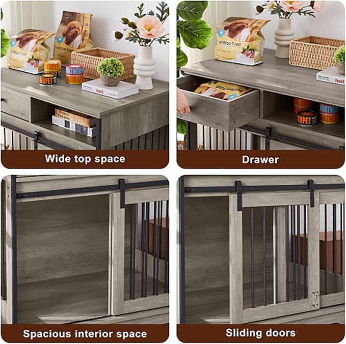 Sliding Door Dog Crate with Drawers. Grey,35.43'' W x 23.62'' D x 33.46'' H