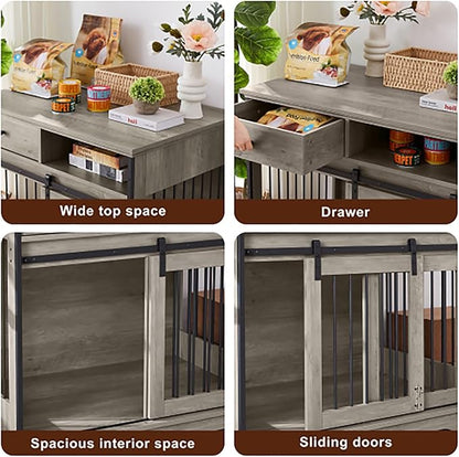 Sliding Door Dog Crate with Drawers. Grey,35.43'' W x 23.62'' D x 33.46'' H