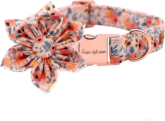 Uniqe Style Paws Flower Dog Collar, Peach Rose Adjustable Girl Dog Collar with Flower, Durable Floral Pattern Pet Collar for X-Large Female Dogs
