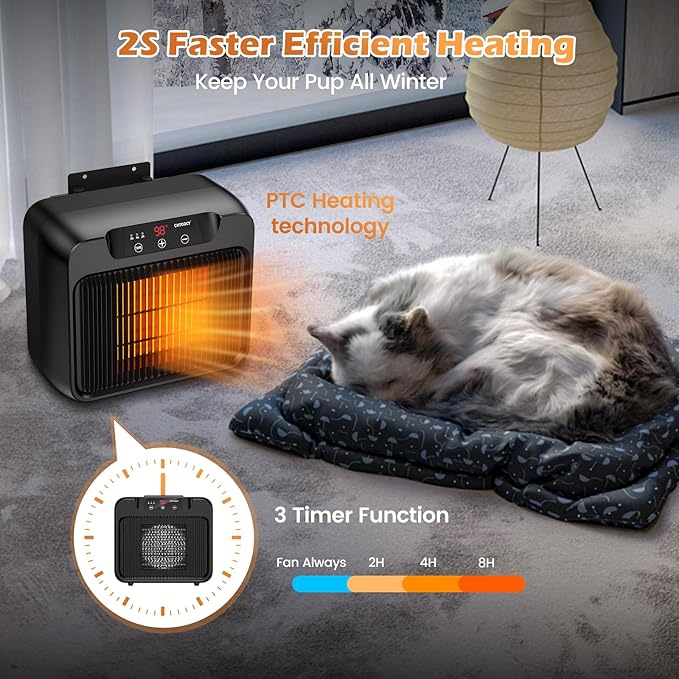 Unique Design 600W Large Dog House Heater w Thermostat, Adjustable Temp & 3 Timer(2 4 8 H) Heating, Pet Heater for Outdoor Winter Insulated House w 6 Ft Anti Chew Cord, Won't Burn Pets Kennel Heater