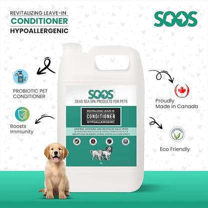 Soos Pets Pet Conditioner Natural Dead Sea Hypoaller-genic Revitalizing Leave-in Deeply Absorbing with Vitamins Essential Oils Natural Elements for Dogs and Cats - 1x Pet Conditioner (4L / 1.32 gal)